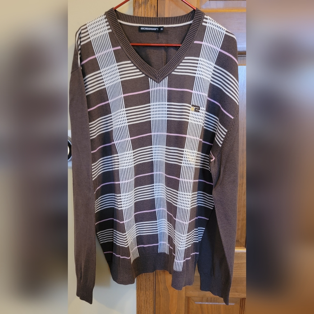 NWOT MEN'S ROSASEN DRESSY V-NECK SWEATER BROWN PINK PLAID PULLOVER LONG SLV XXL